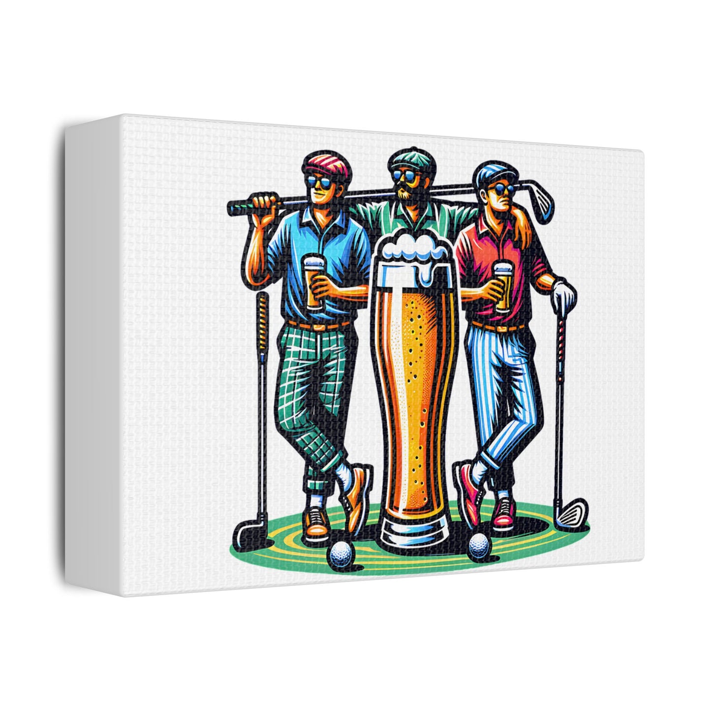 Canvas wall art featuring a colorful illustration of three golfers standing together, each holding a pint of beer, with a large frothy beer glass in the center. The golfers are dressed in retro golf outfits with caps, sunglasses, and golf clubs, standing casually on a putting green with golf balls nearby.
