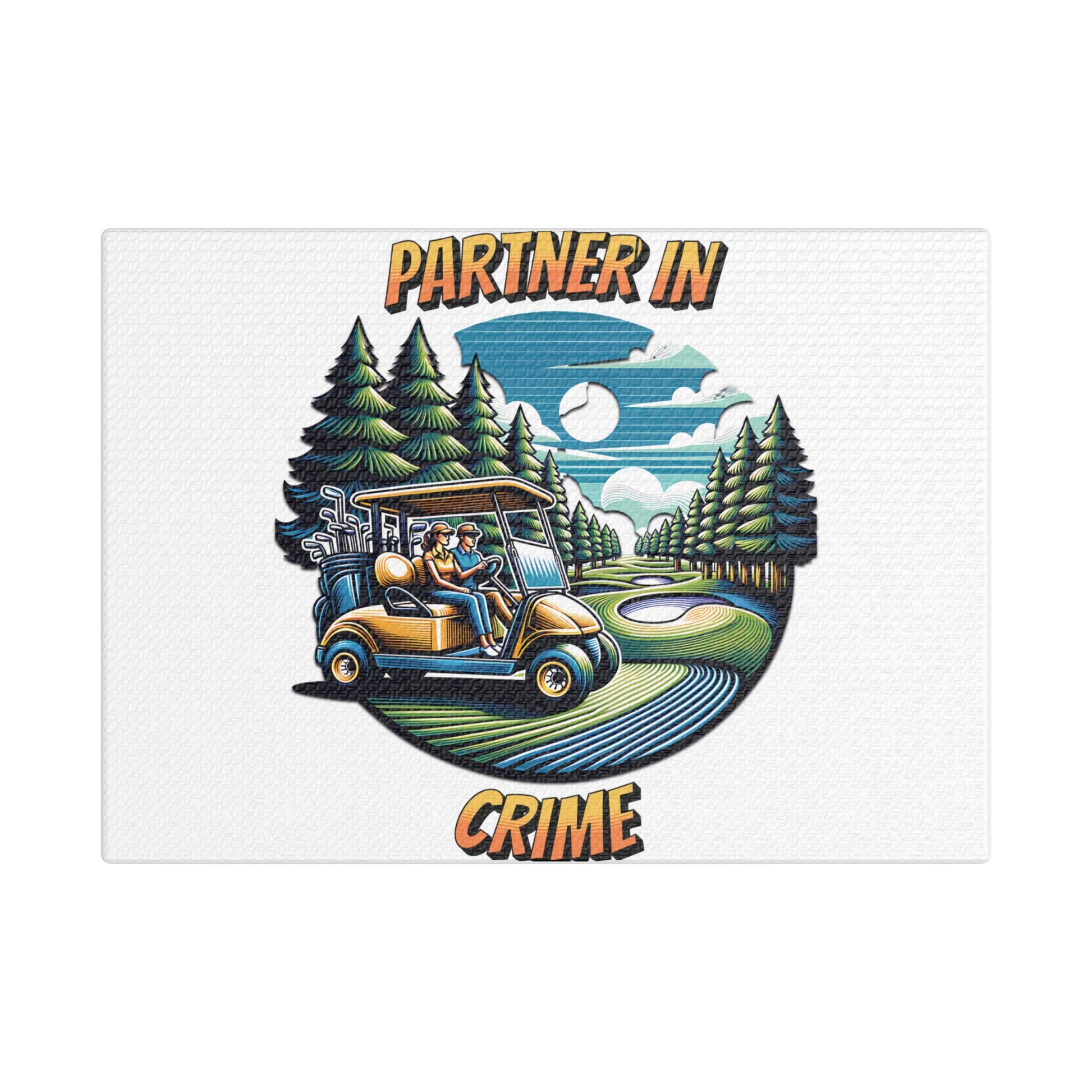 Canvas wall art featuring an illustrated golf scene with two people riding in a yellow golf cart through a green golf course surrounded by pine trees and mountains under a partly cloudy sky with a full moon. The text 'PARTNER IN CRIME' is written above and below the illustration in bold, playful font.
