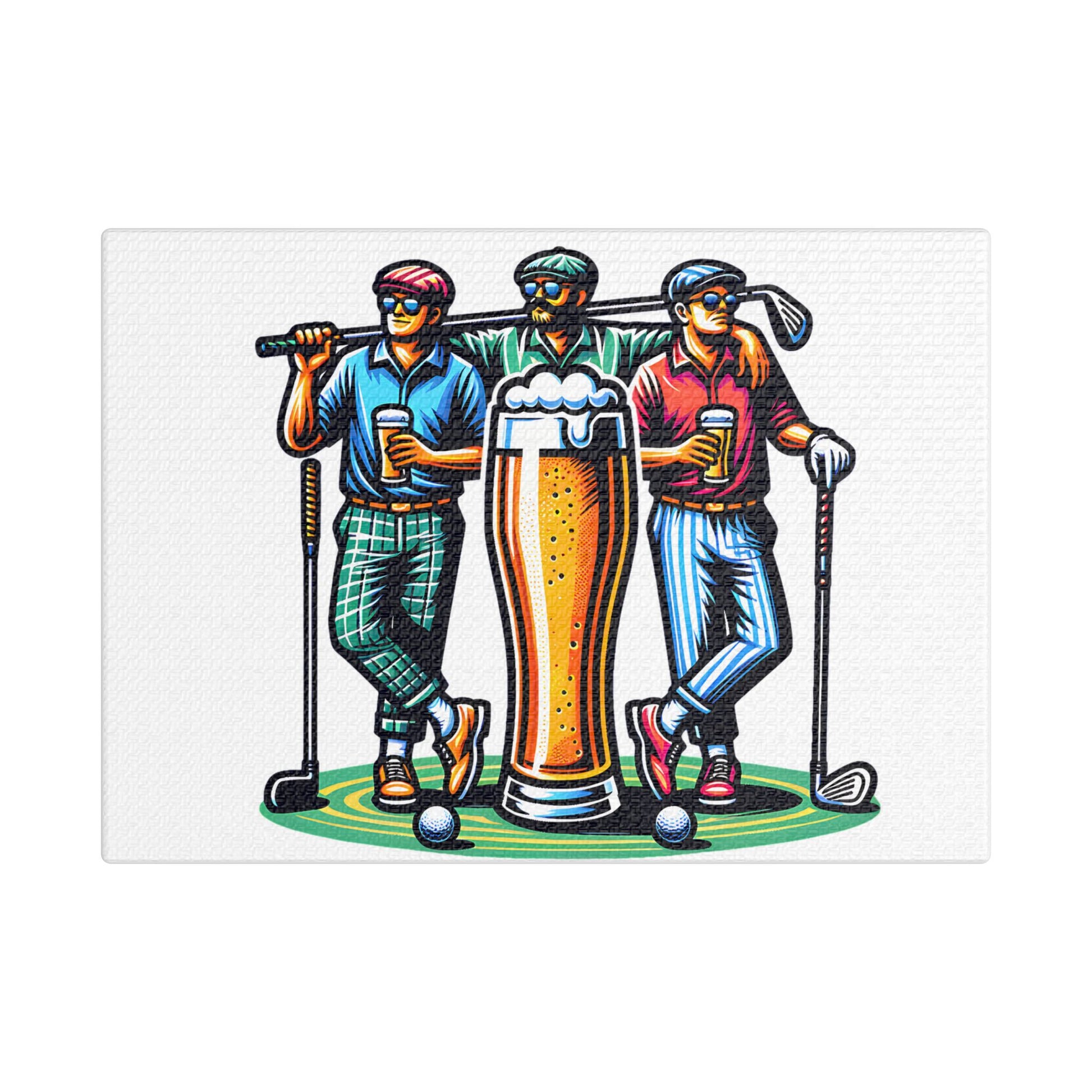 Canvas wall art featuring a colorful illustration of three golfers standing together, each holding a pint of beer, with a large frothy beer glass in the center. The golfers are dressed in retro golf outfits with caps, sunglasses, and golf clubs, standing casually on a putting green with golf balls nearby.